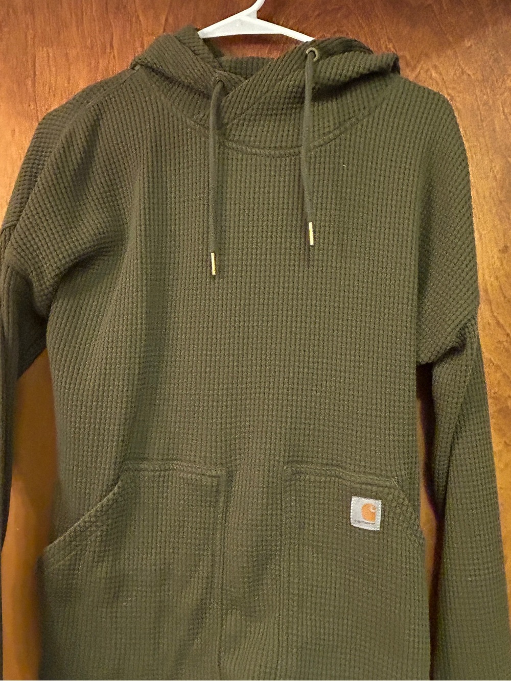 Women’s Carhartt Green Waffle Knit Drawstring Hooded Top Size Small - Picture 4 of 6